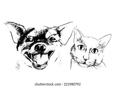 Happy Cat and dog sketch vector isolates.
