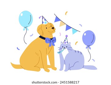 Happy cat and dog together celebrating party with balloons and festival garland. Pets birthday event. Vector illustration 