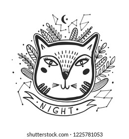 Happy cat drawing. Style drawing doodle. Mystic kitty art. Vector illustration.