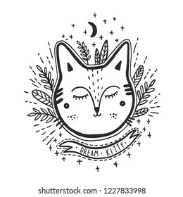 Happy cat drawing. Style drawing doodle. Mystic kitty art. Vector illustration.
