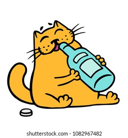 Happy cat drinks from a bottle of wine. Food and drink. Funny cute animal character. Vector illustration.