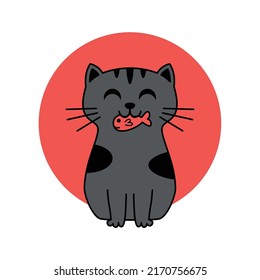 Happy Cat Eating Fish Vector Illustration Template.