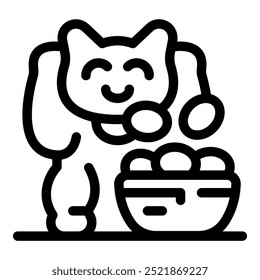 Happy cat eating food from bowl line icon, pet feeding concept