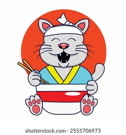 Happy cat eating ramen food logo