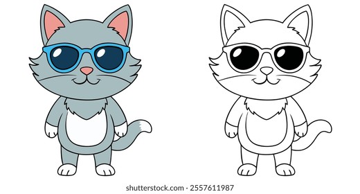 Happy Cat Elephant Wearing Sunglasses Cartoon Coloring Page For Kids. Animal Cartoon Coloring Book Printable
