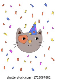 Happy cat face in colorful cap on confetti background.  Cartoon character. Vector hand drawn illustration. Useful for kids clothes, books, postcards.
