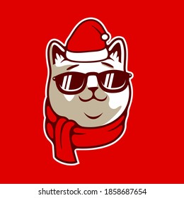 Happy Cat Face With Glasses In  Christmas Costume, Wearing Santa Claus Hat and Scarf, For Christmas Day and New Year Vector Illustration - Vector
