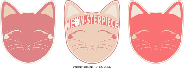 happy cat faces. Domestic cats. Inscription in English meow-sterpiece.Vector illustration.