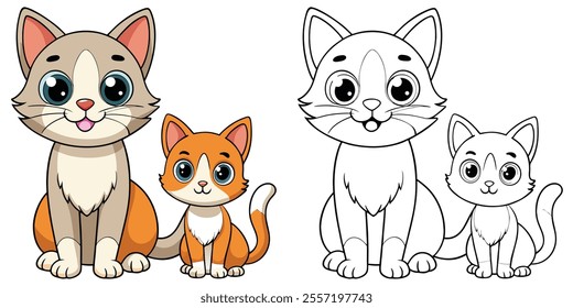 Happy Cat Family Cartoon Coloring Page For Kids. Animal Coloring Book Printable. Cat Cartoon Vector Illustration
