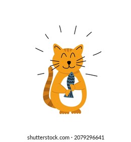 Gato feliz con pescado. El gato anaranjado a rayas atrapó peces. Plano, caricatura. Ilustración aislada del material vectorial EPS 10 en fondo blanco 