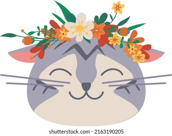 Happy cat in flower wreath. Cute pet portrait