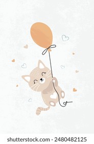 Happy cat flying in a balloon. Children's cute illustration for postcards, room posters. Vector