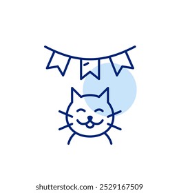 Happy cat and garland of flags. Pet birthday party and celebration, animal festival. Pixel perfect vector icon