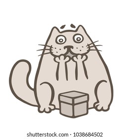 Happy cat and gift box. Vector illustration. Cute cartoon character.