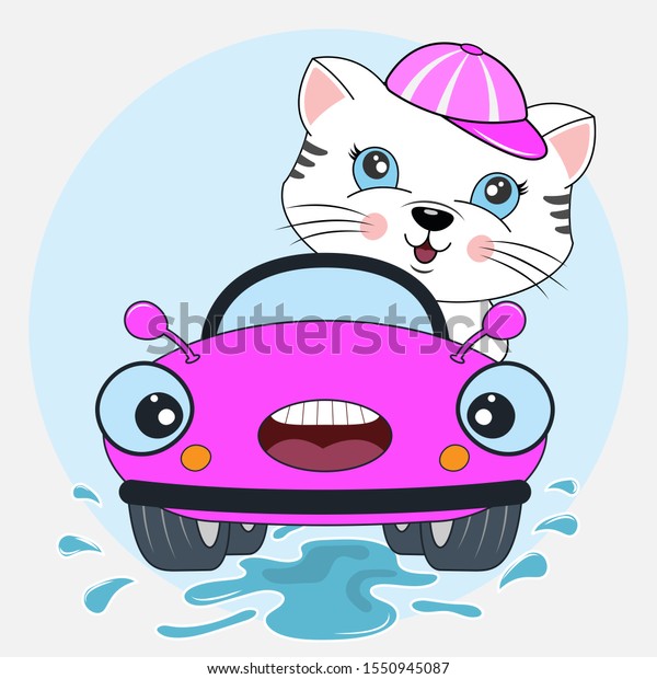 Happy cat girl driving lilac car.  flat\
clipart. Modern  poster for prints, kids cards, t-shirts and other.\
Vector illustration.\
