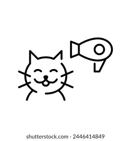 Happy cat and hairdryer. Professional pet grooming and styling. Editable stroke vector icon