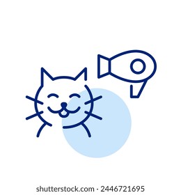 Happy cat and hairdryer. Professional pet grooming and styling. Pixel perfect vector icon