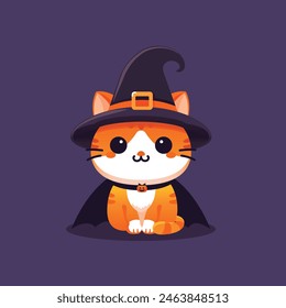 Happy cat with halloween costume, hat, cape illustration vector