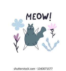 Happy cat hand drawn vector character. Color sketch cute kitten with flowers.  Greeting card, poster, banner illustration. Isolated scandinavian cartoon illustration.