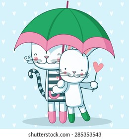 Happy cat and hare are walking in the rain with an umbrella.