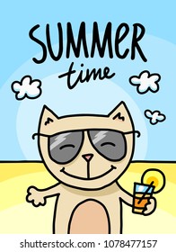 Happy cat have relaxing on the ocean beach at summer time. Cute animal flat vector illustration