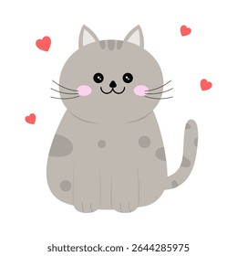 Um gato feliz.Cat com corações isolados no branco fundo.Sorrindo gatinho fofo vetor ilustration.Cute animal pet.Kawaii.