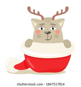 Happy cat hiding with Christmas deer antlers in Santa Claus hat. Vector illustration in flat style.