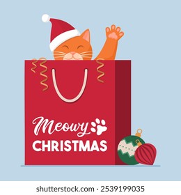 Happy cat hiding inside a shopping bag and waving his paw, Christmas and pets concept