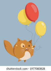 Happy cat holding balloons. Cute pet in cartoon style
