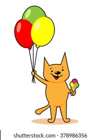 Happy cat holding balloons and ice cream. ice cream vacation. Joyfull weekend.