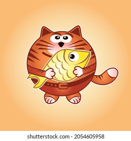 Happy cat holding a fish in his hands 