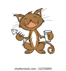 Happy cat holding glass of milk and fish bone vector illustration.