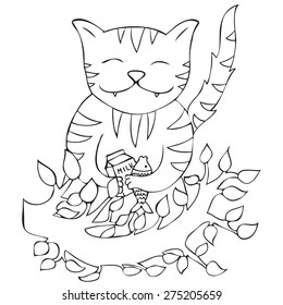 Happy cat holding glass of milk and fish bone vector illustration