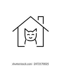 Happy cat in home. Adopting pets from shelter. Pixel perfect vector icon