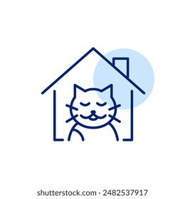 Happy cat in house Pet adoption, furry friends companionship. Pixel perfect, editable stroke icon