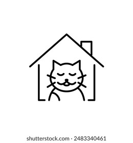 Happy cat in house Pet adoption, furry friends companionship. Pixel perfect vector icon