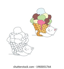 Happy cat with an ice cream. Cute illustration of a happy white cat lying near an ice cream in waffle cup. Vector 10 EPS.
