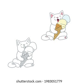 Happy cat with an ice cream. Cute illustration of a sitting white cat eating an ice cream in a waffle cone. Vector 10 EPS.