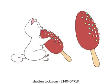 Happy cat with an ice cream. Cute illustration of a funny white cat eating a chocolate ice cream popsicle. Vector 10 EPS.