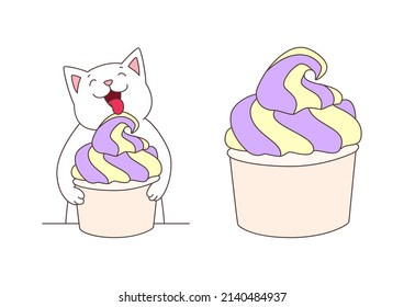 Happy cat with an ice cream. Cute illustration of a white cat enjoying an ice cream in a cup. Vector 10 EPS.