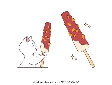 Happy cat with an ice cream. Cute illustration of a funny white cat eating a chocolate ice cream popsicle. Vector 10 EPS.