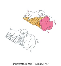 Happy cat with an ice cream. Illustration of a happy white cat sleeping on a flying waffle cone with pink ice cream. Vector 10 EPS.