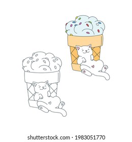 Happy cat with an ice cream. Illustration of a happy white cat sleeping near a waffle cup of ice cream. Vector 10 EPS.