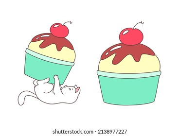 Happy cat with an ice cream. Illustration of a happy white cat playing with a cup of ice cream. Vector 10 EPS.