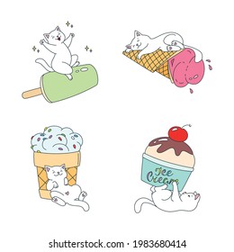 Happy cat with an ice cream set. Cute illustrations of a white cat enjoying an ice cream isolated on a white background. Vector 10 EPS.