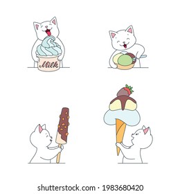 Happy cat with an ice cream set. Cute illustrations of a white cat enjoying an ice cream isolated on a white background. Vector 10 EPS.