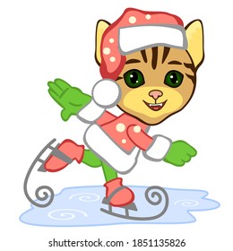 happy cat ice skating, color vector emoticon on white isolated background