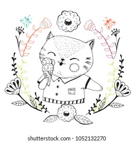 Happy cat with ice-cream vector illustration with flowers, branches, leaves, butterflies and symbol in the frame. Wreath style illustration, summer mood, smiley