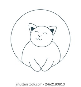 Happy cat ink doodle sketch. Cute fat cat in round frame hand drawn clip art. Dozing domestic cat, vector graphic