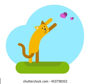 Happy cat is jumping on a grass and catches butterflies. Flat design vector illustration.